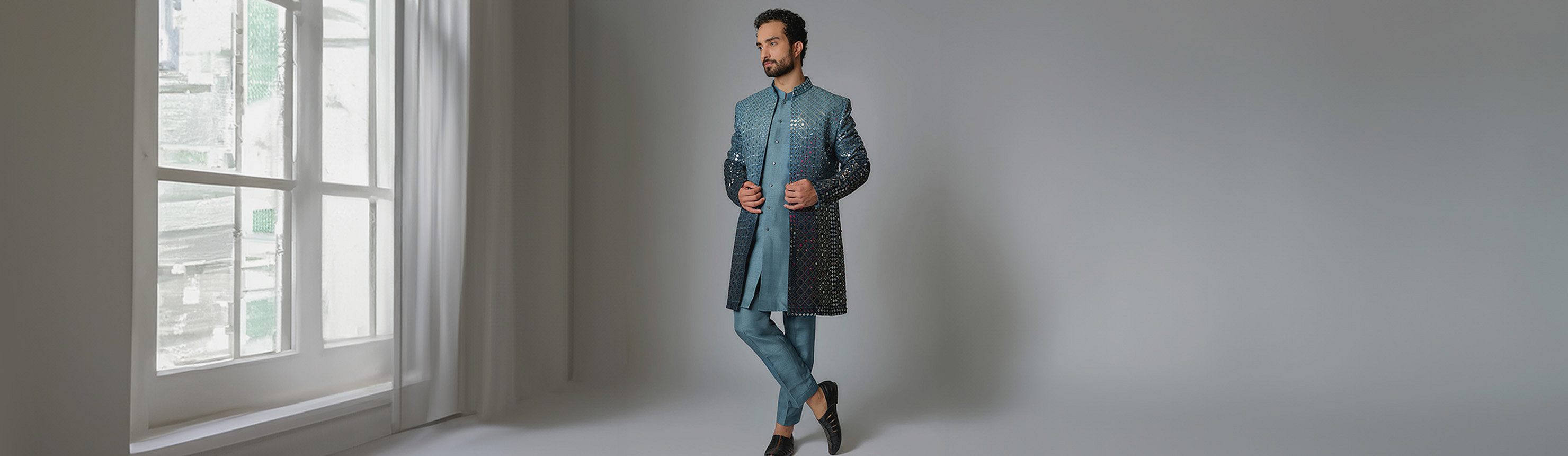A Nero sherwani set, photographed in the studio