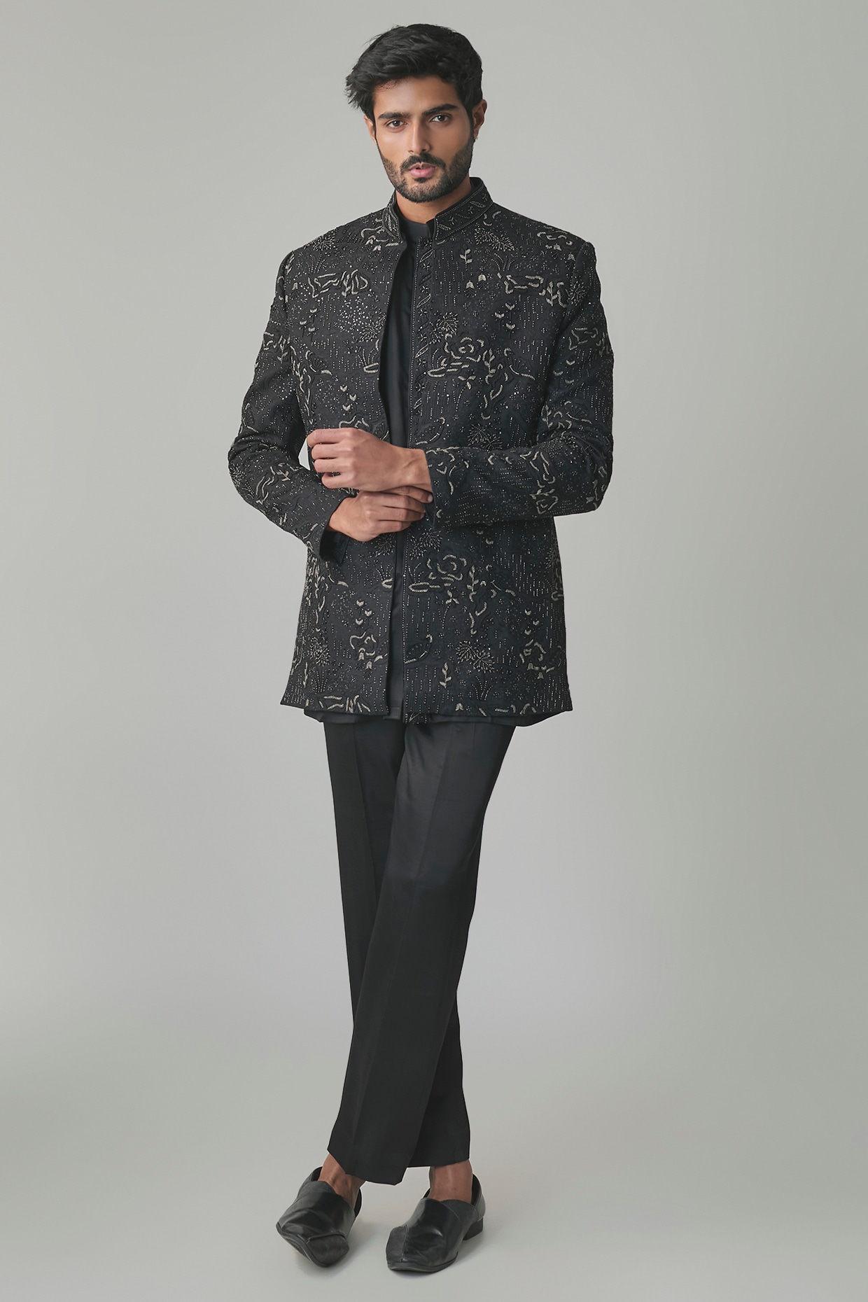 Black Lucknowi Cutdana & Poth Embroidered Open Jacket Set