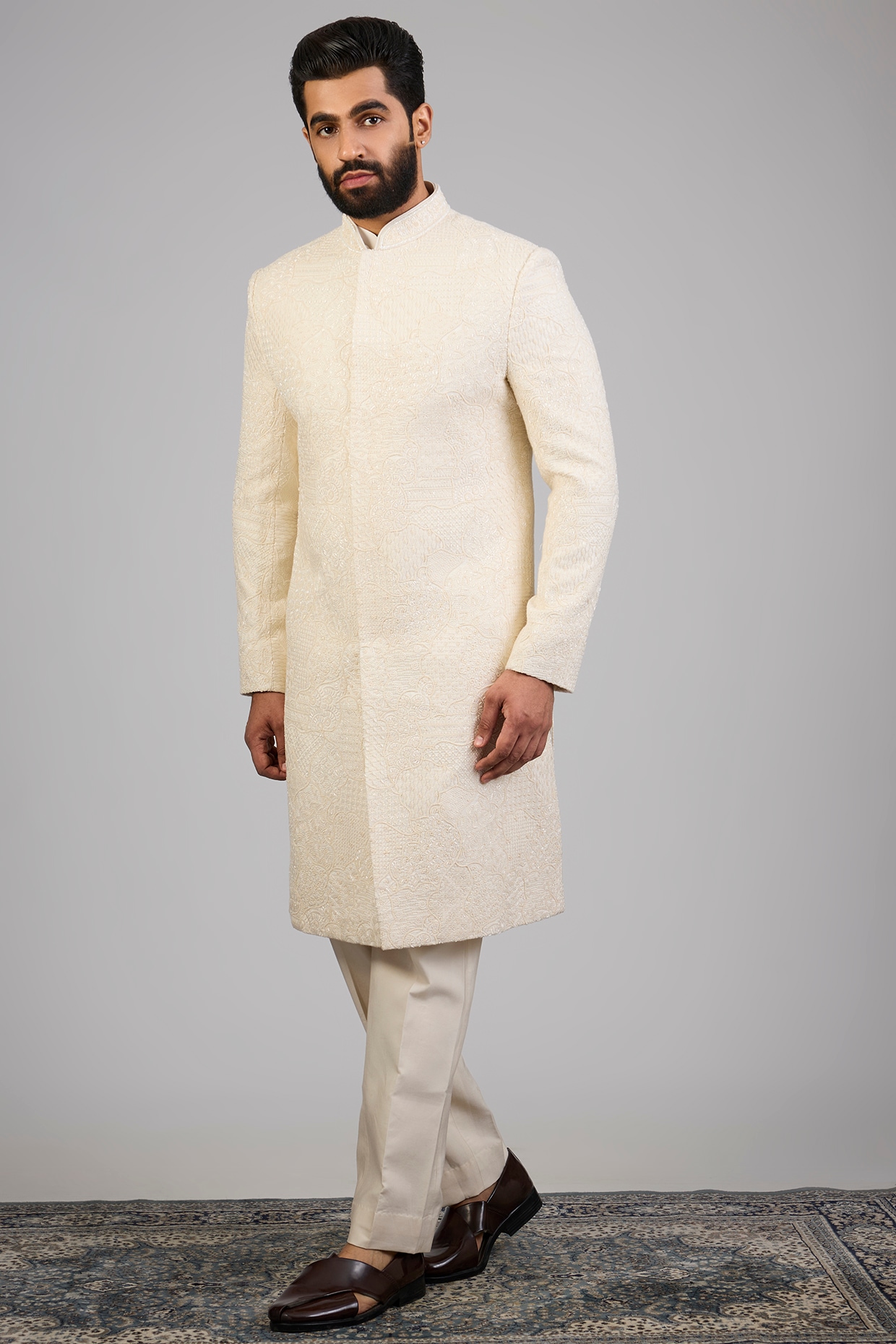 Cream Lucknowi Silk Sherwani Set