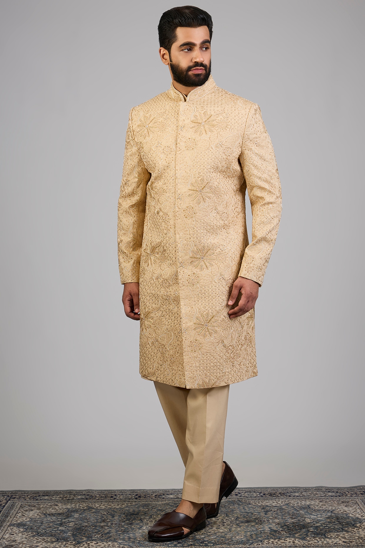 Beige Lucknowi Silk Sherwani Set