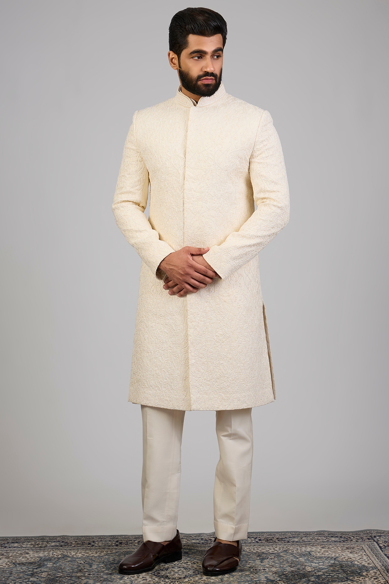 Cream Lucknowi Silk Sherwani Set
