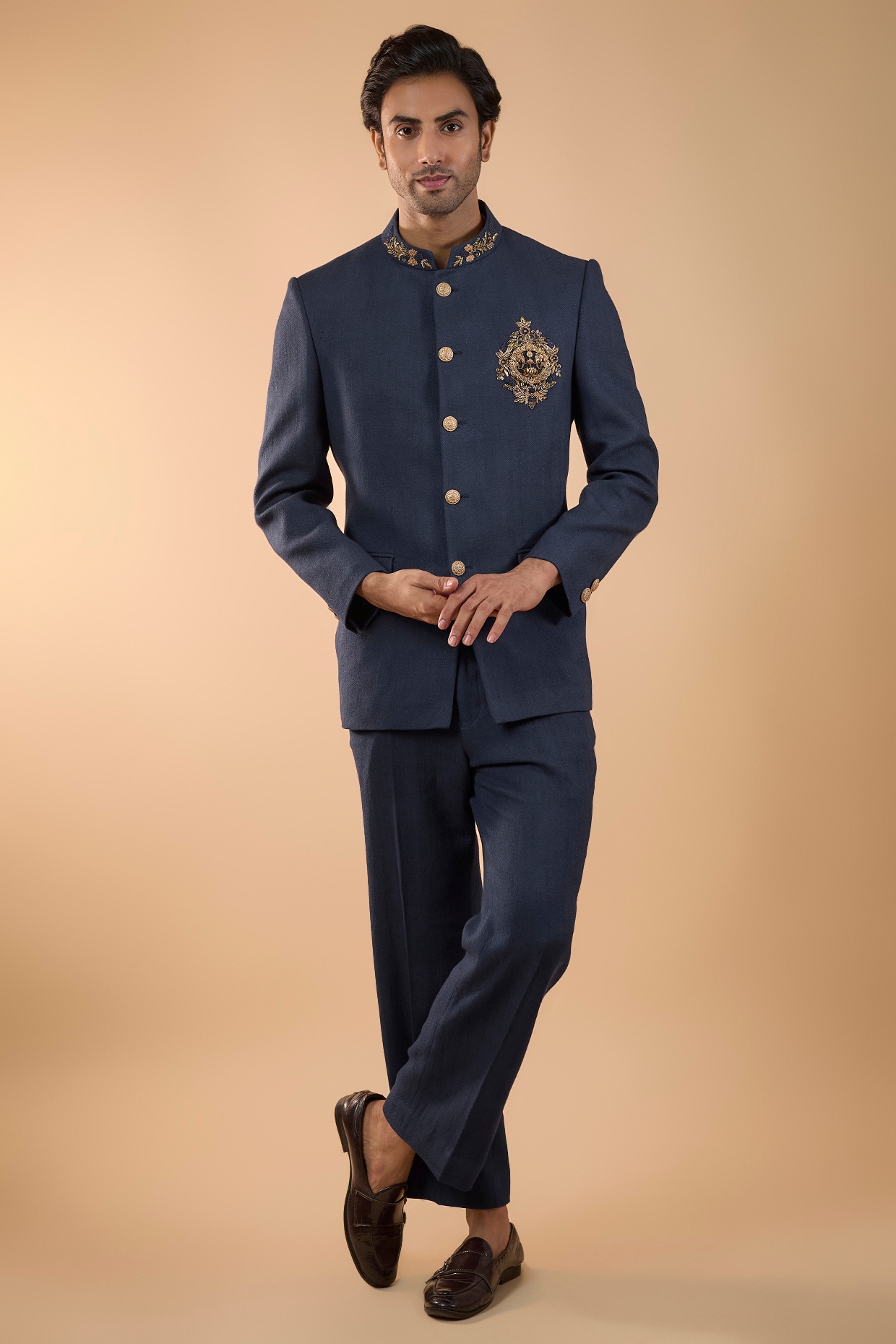 Royal Blue Matka Silk Handwork Jodhpuri Set
