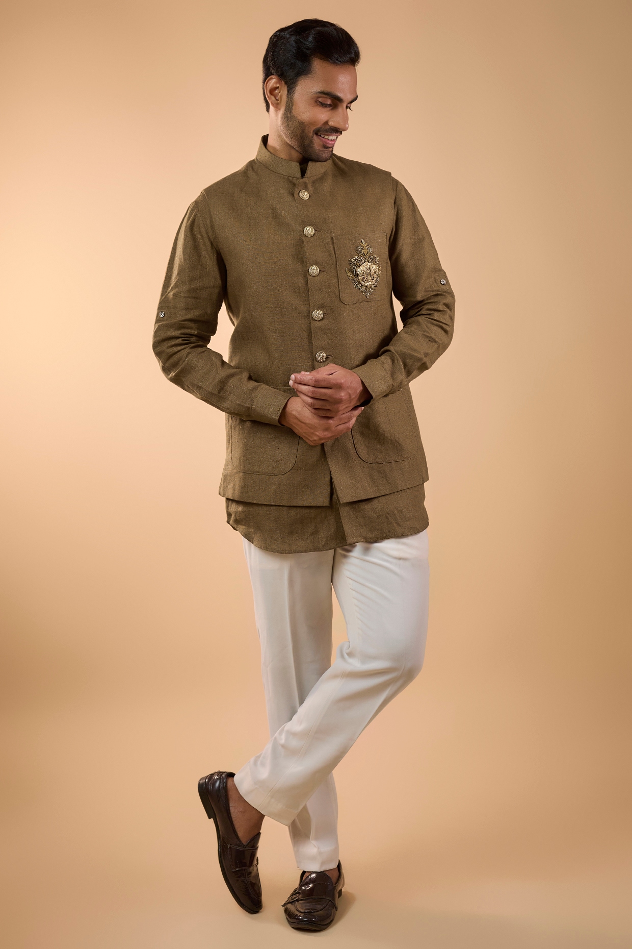 Brown Linen Handwork Bundi Jacket Set